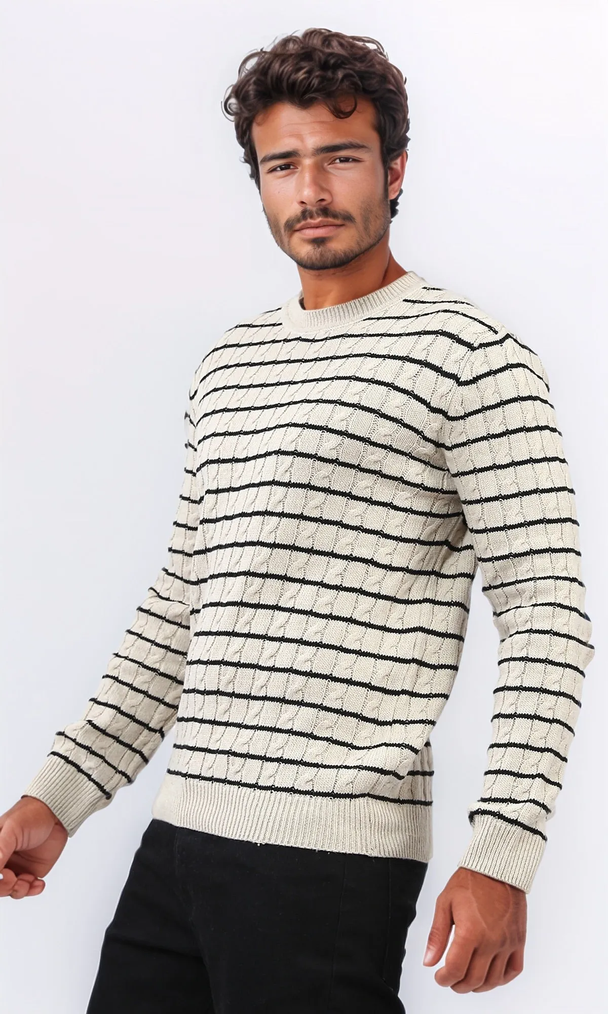 o201239 - Stripped Knitted Pullover - Beige & White