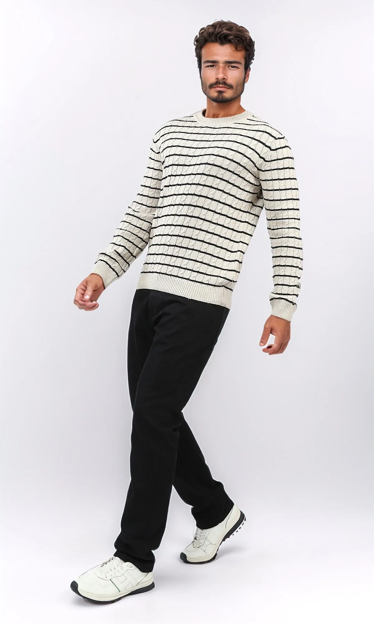 o201239 - Stripped Knitted Pullover - Beige & White