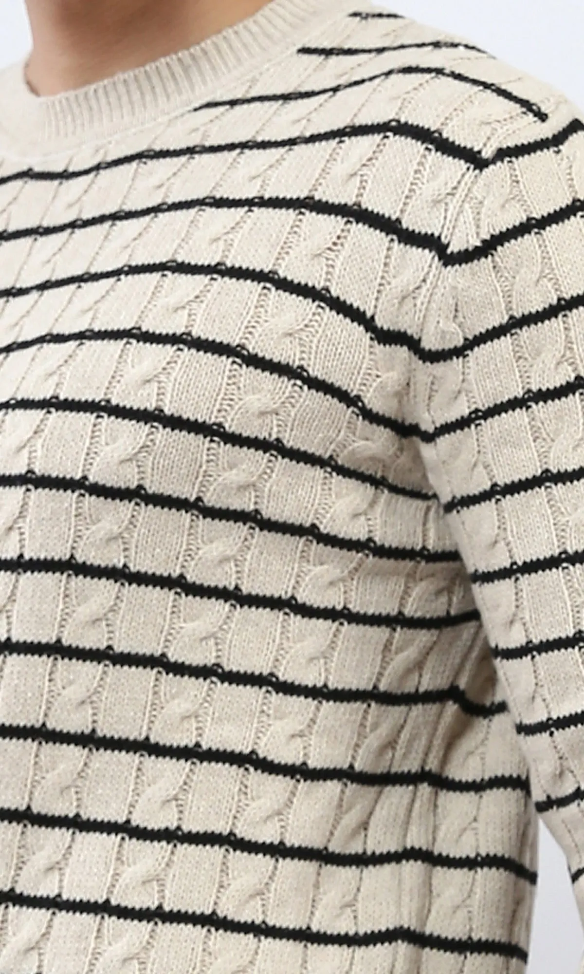 o201239 - Stripped Knitted Pullover - Beige & White