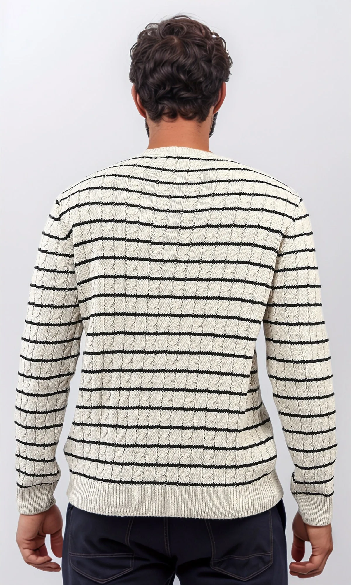 o201239 - Stripped Knitted Pullover - Beige & White