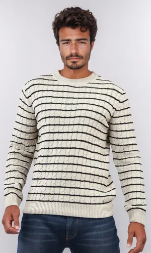 o201239 - Stripped Knitted Pullover - Beige & White
