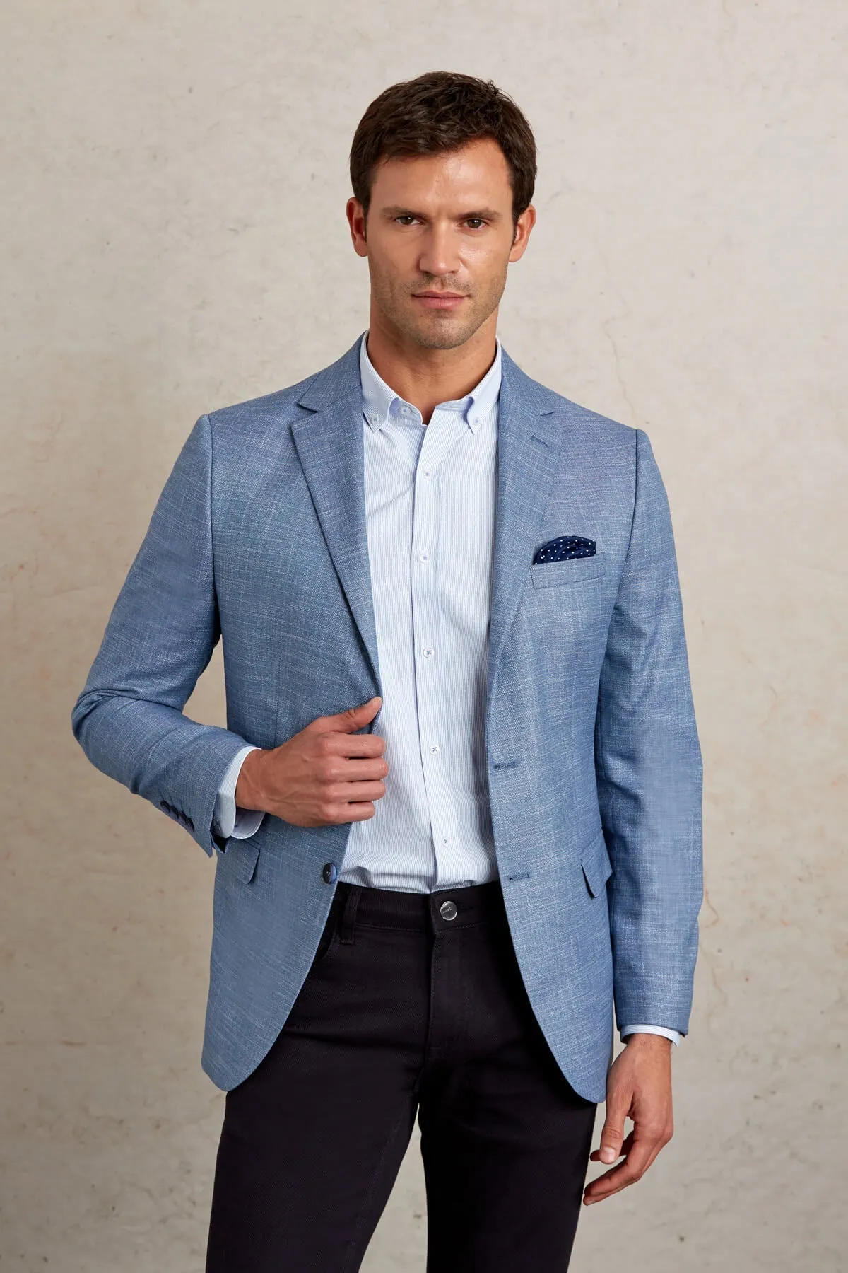 Slim Fit Notch Lapel Patterned Beige Casual Blazer, Blue D.