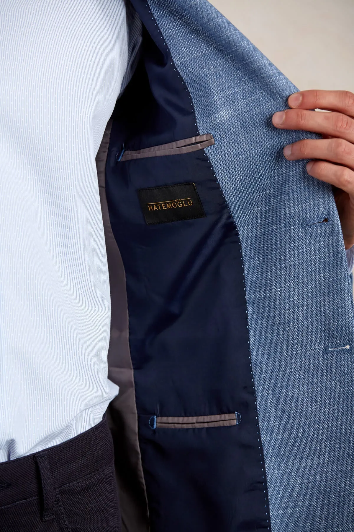 Slim Fit Notch Lapel Patterned Beige Casual Blazer, Blue D.