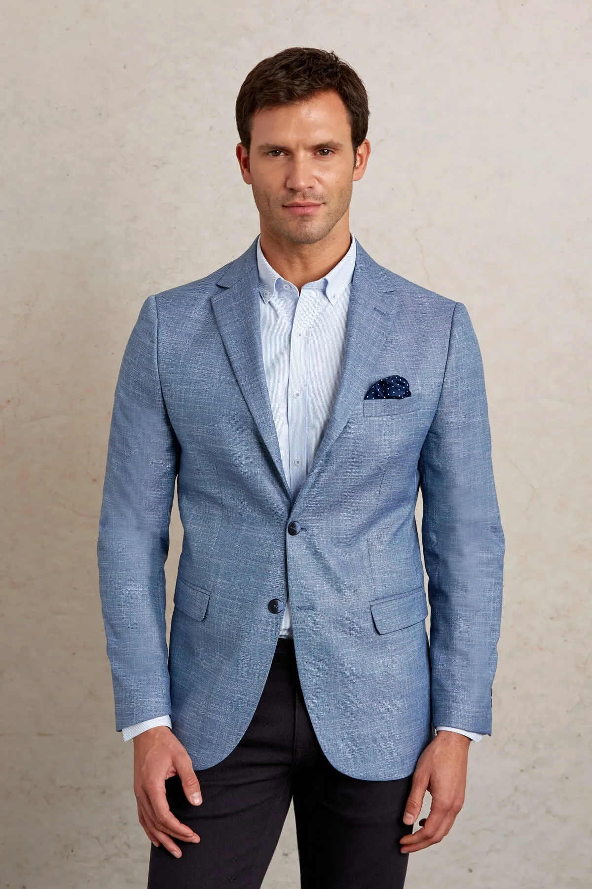 Slim Fit Notch Lapel Patterned Beige Casual Blazer, Blue D.
