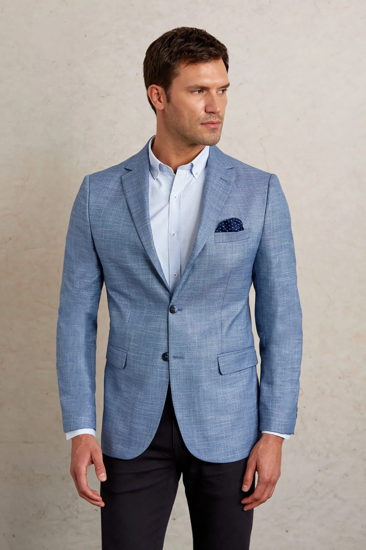 Slim Fit Notch Lapel Patterned Beige Casual Blazer, Blue D.