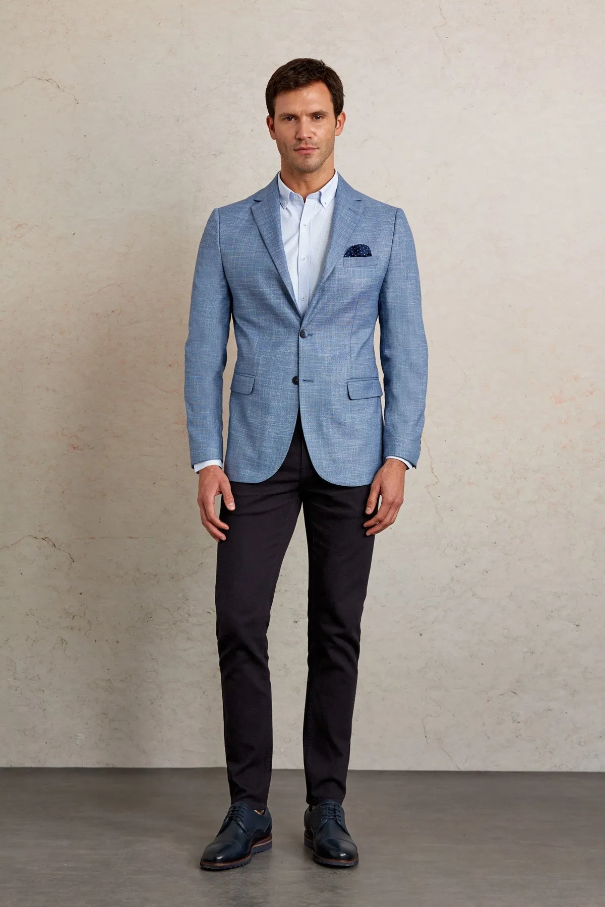Slim Fit Notch Lapel Patterned Beige Casual Blazer, Blue D.
