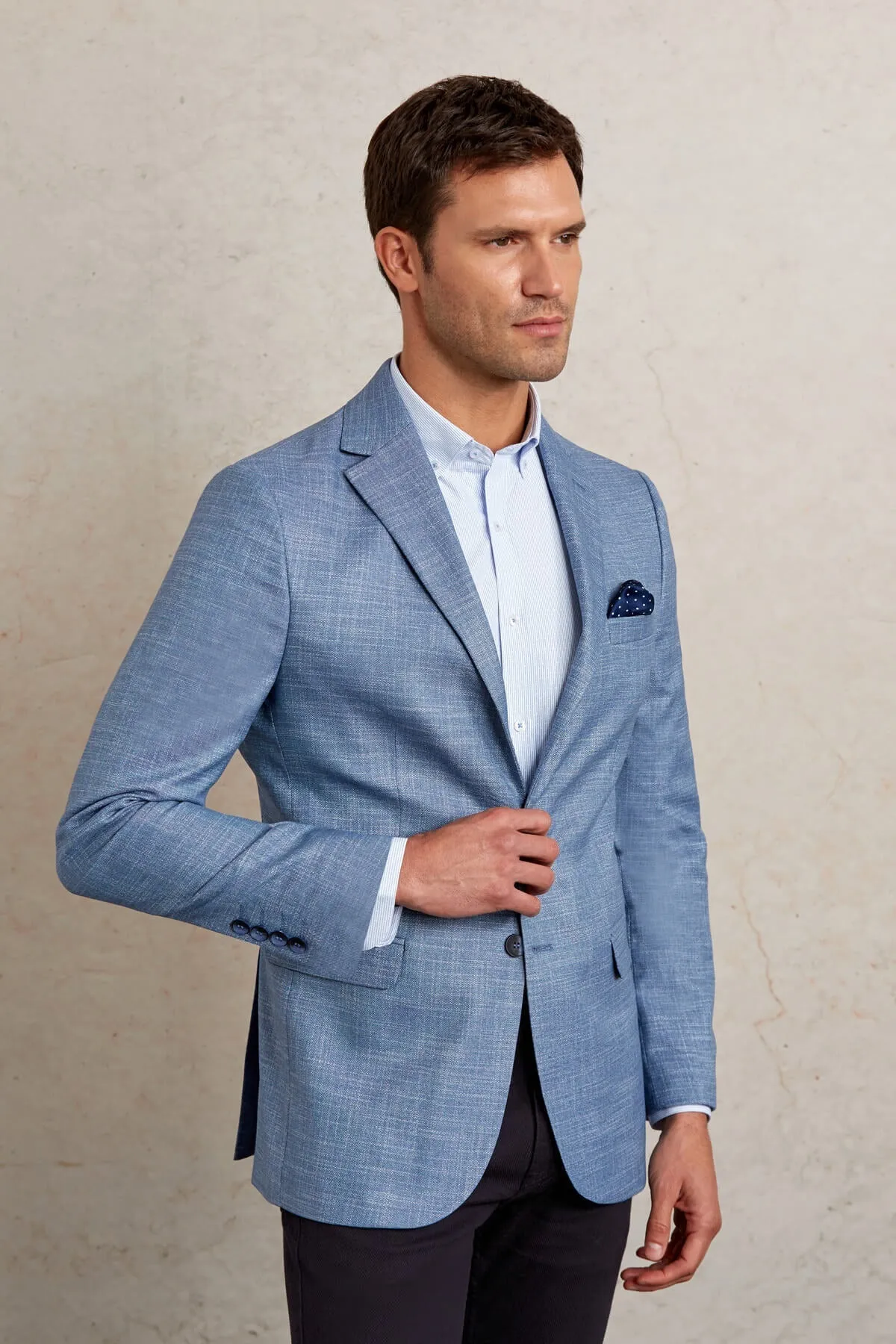 Slim Fit Notch Lapel Patterned Beige Casual Blazer, Blue D.