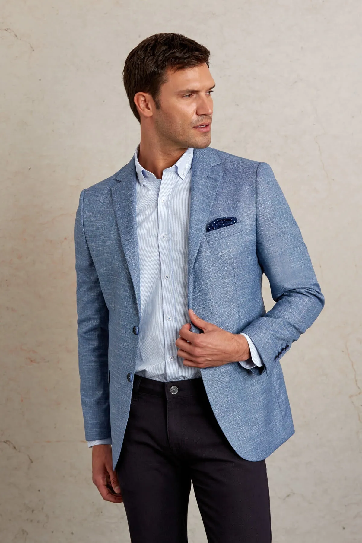 Slim Fit Notch Lapel Patterned Beige Casual Blazer, Blue D.