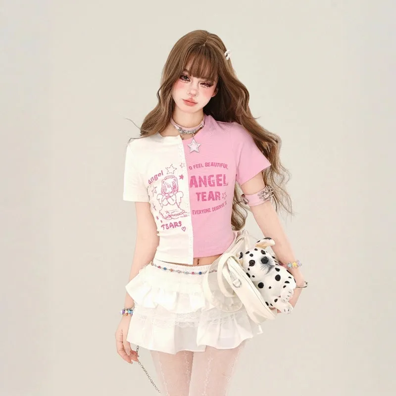 Sweet Lace Splicing Slim Fit T-shirt