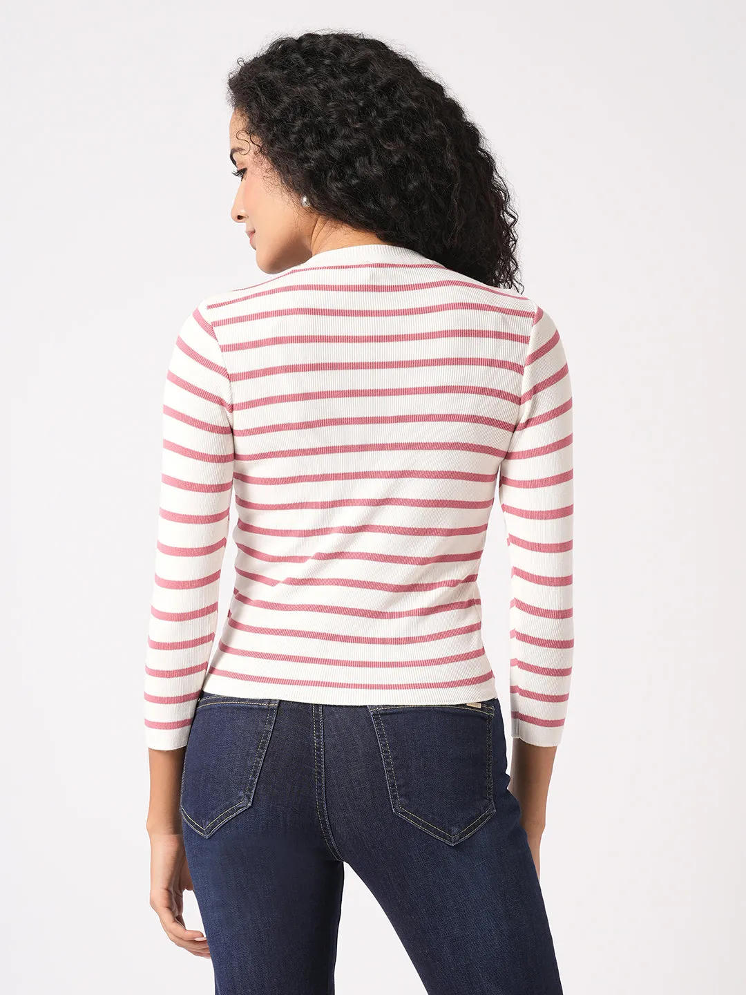 Women Slim Fit Blush Pink/White Regular T-Shirt