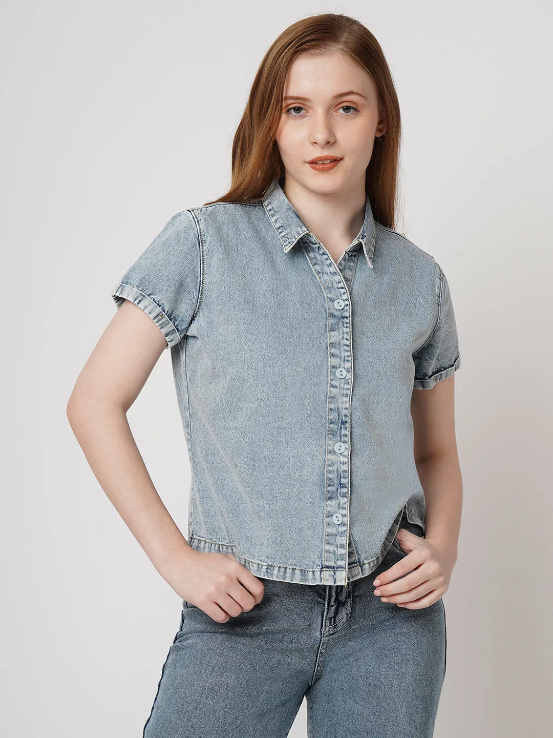 Women Slim Fit Light Blue Crop Denim Shirt