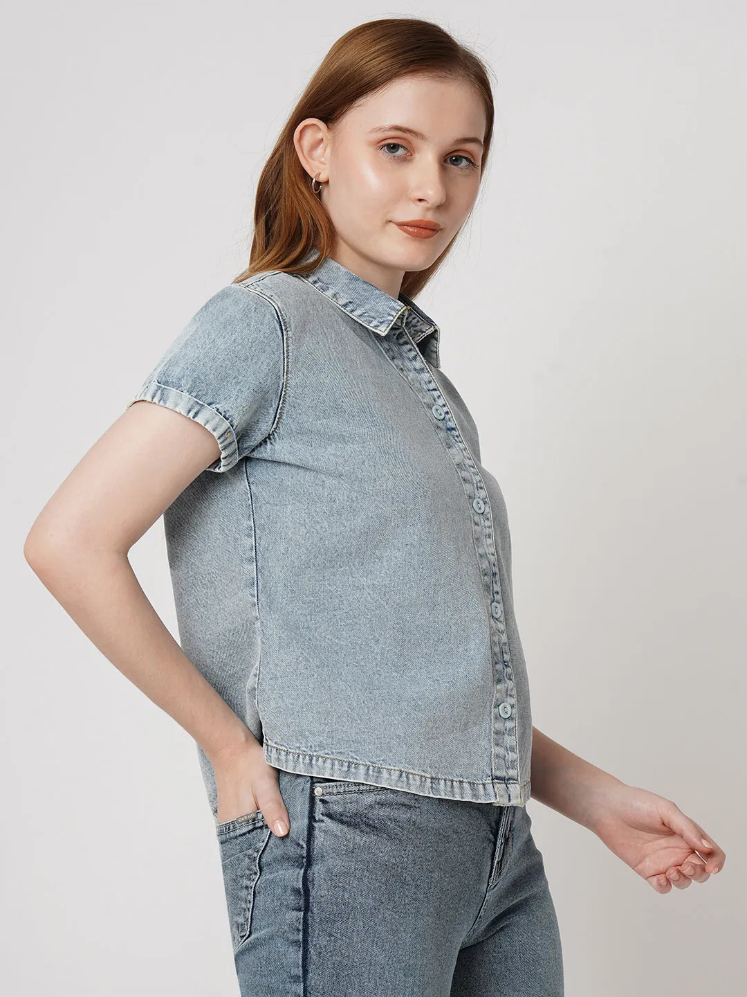 Women Slim Fit Light Blue Crop Denim Shirt