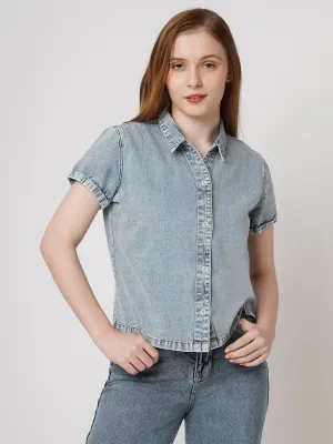 Women Slim Fit Light Blue Crop Denim Shirt