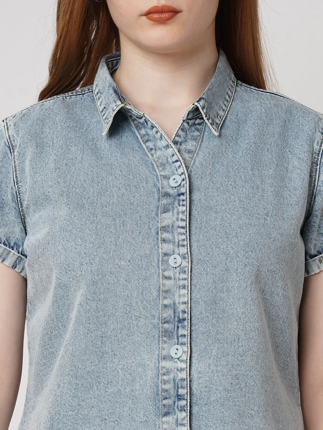 Women Slim Fit Light Blue Crop Denim Shirt