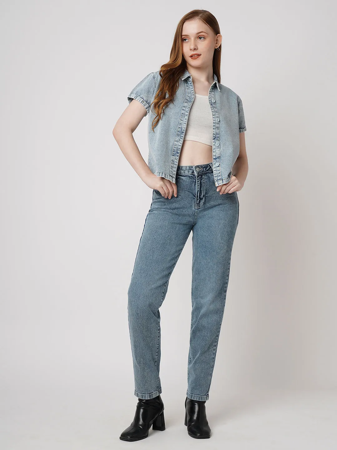 Women Slim Fit Light Blue Crop Denim Shirt