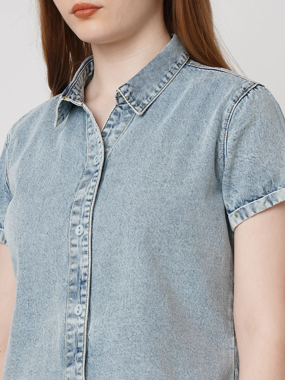Women Slim Fit Light Blue Crop Denim Shirt