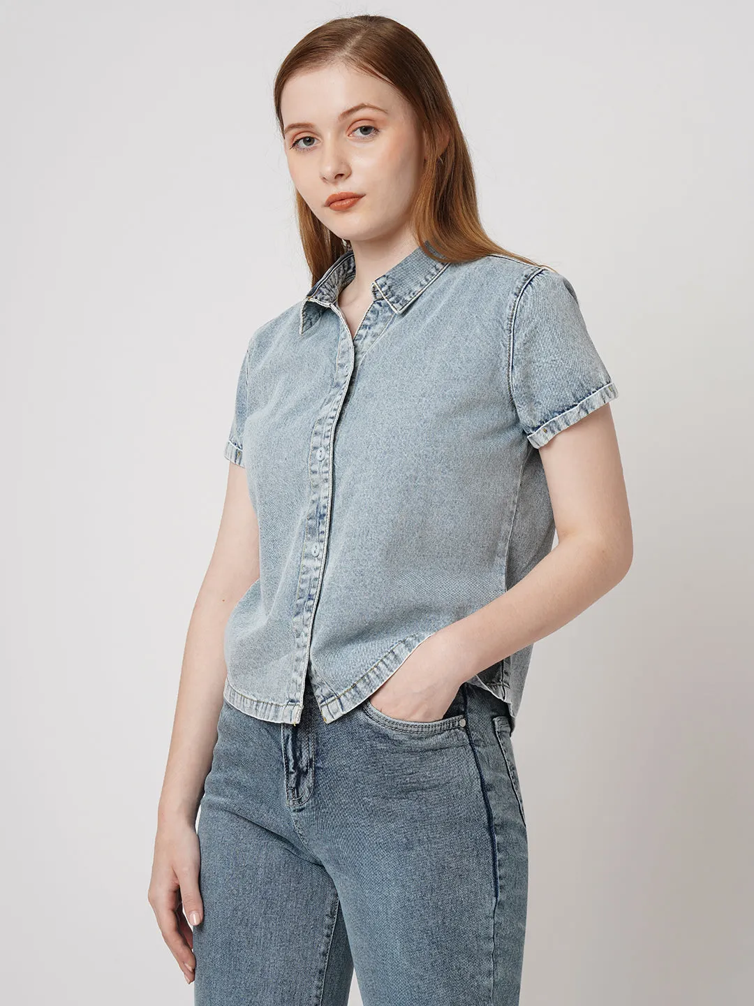 Women Slim Fit Light Blue Crop Denim Shirt