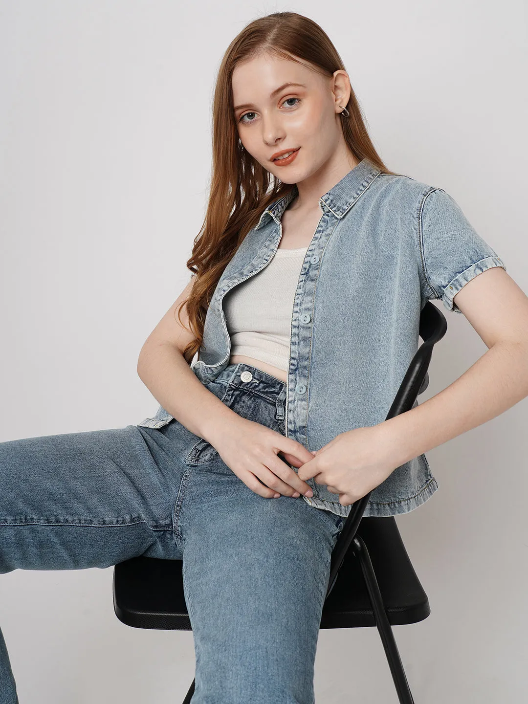 Women Slim Fit Light Blue Crop Denim Shirt