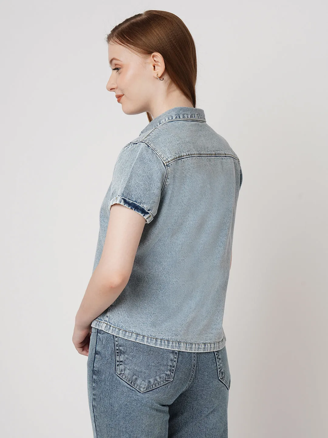 Women Slim Fit Light Blue Crop Denim Shirt